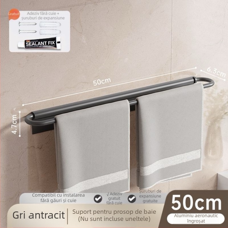 Suport pentru prosoape de perete, pliat, fără găuri, din aluminiu Space, sarcină 10 kg