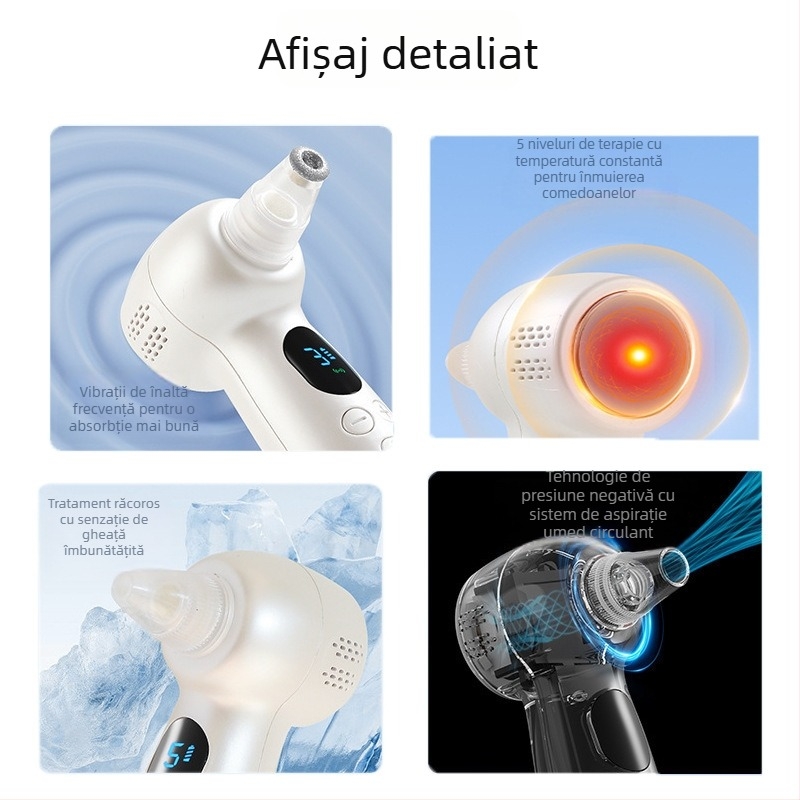 Vacuum electric pentru puncte negre cu vibrație ultrasonică, 3 trepte de aspirare, masaj cu compresie caldă/rece, carcasă ABS