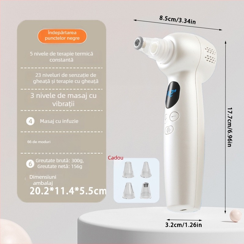 Vacuum electric pentru puncte negre cu vibrație ultrasonică, 3 trepte de aspirare, masaj cu compresie caldă/rece, carcasă ABS