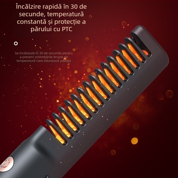 Pieptan electric pentru netezire, încărcare USB fără fir, încălzire din turmalin ceramic, conductor <15 mm, putere 45W, 110-220V