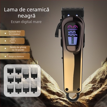 Set de tuns păr electric cu reglaj în cinci trepte al puterii, iluminare frontală, lamă ceramică detașabilă, baterie încorporată 2000–4000mAh, autonomie 1–3h.