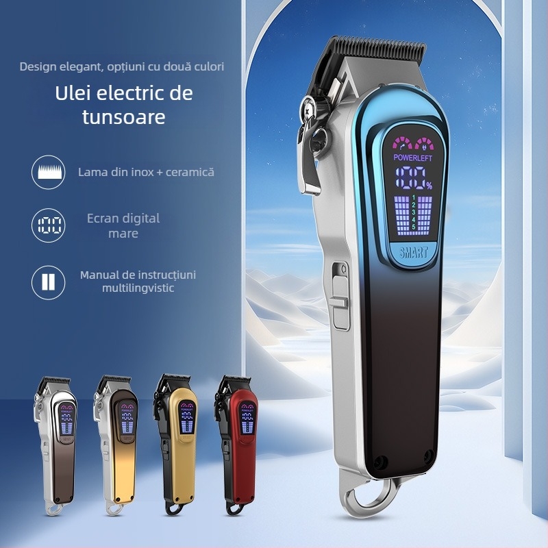 Set de tuns păr electric cu reglaj în cinci trepte al puterii, iluminare frontală, lamă ceramică detașabilă, baterie încorporată 2000–4000mAh, autonomie 1–3h.
