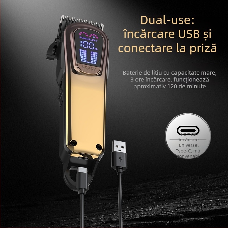 Set de tuns păr electric cu reglaj în cinci trepte al puterii, iluminare frontală, lamă ceramică detașabilă, baterie încorporată 2000–4000mAh, autonomie 1–3h.