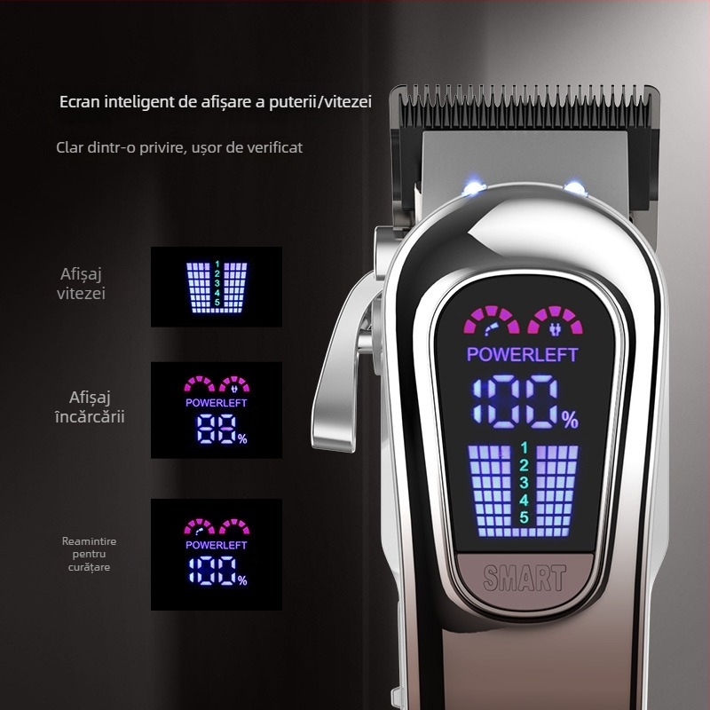 Set de tuns păr electric cu reglaj în cinci trepte al puterii, iluminare frontală, lamă ceramică detașabilă, baterie încorporată 2000–4000mAh, autonomie 1–3h.