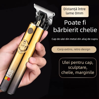 Mașină de tuns păr cu motor brushless, baterie încorporată 1000–1200 mAh (1–3 h), lamă detașabilă pentru spălare sub apă, lame din oțel inoxidabil, zgomot redus 36–45 dB
