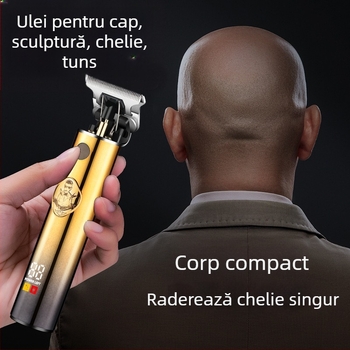 Mașină de tuns păr cu motor brushless, baterie încorporată 1000–1200 mAh (1–3 h), lamă detașabilă pentru spălare sub apă, lame din oțel inoxidabil, zgomot redus 36–45 dB