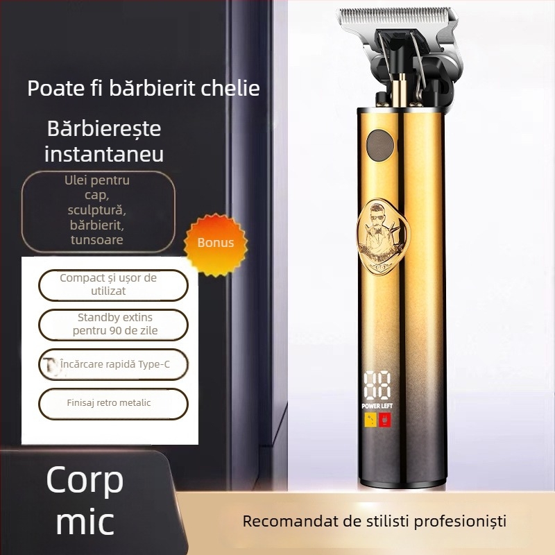 Mașină de tuns păr cu motor brushless, baterie încorporată 1000–1200 mAh (1–3 h), lamă detașabilă pentru spălare sub apă, lame din oțel inoxidabil, zgomot redus 36–45 dB