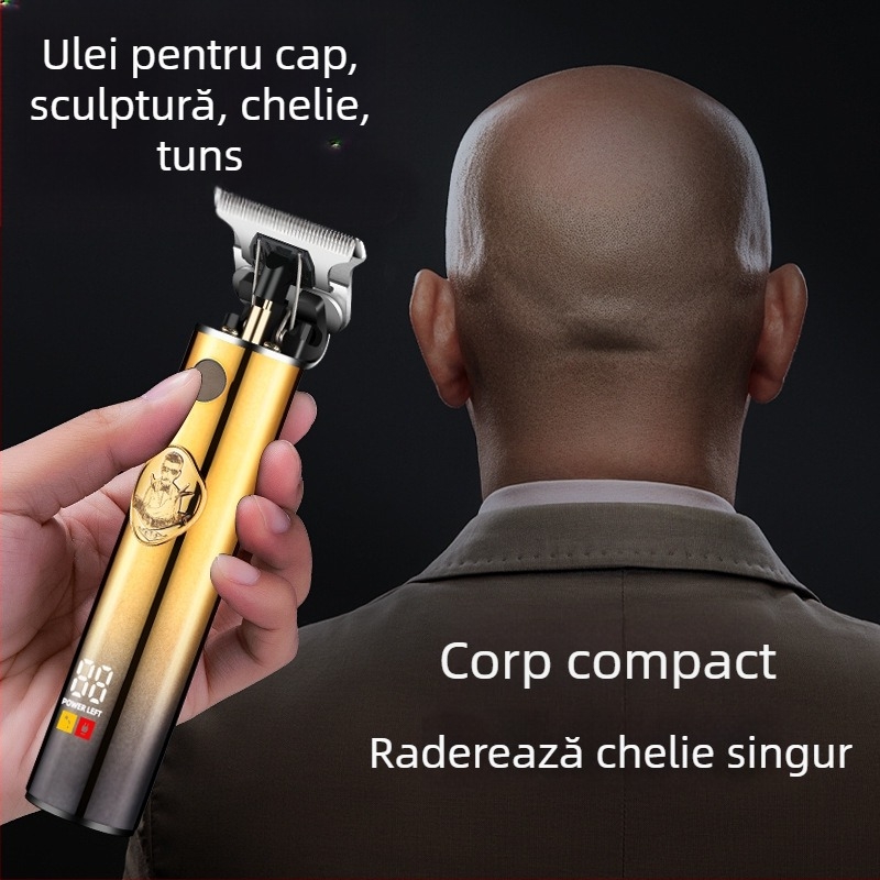 Mașină de tuns păr cu motor brushless, baterie încorporată 1000–1200 mAh (1–3 h), lamă detașabilă pentru spălare sub apă, lame din oțel inoxidabil, zgomot redus 36–45 dB
