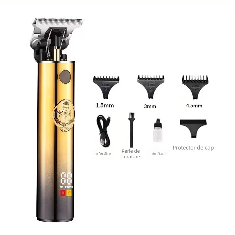 Mașină de tuns păr cu motor brushless, baterie încorporată 1000–1200 mAh (1–3 h), lamă detașabilă pentru spălare sub apă, lame din oțel inoxidabil, zgomot redus 36–45 dB