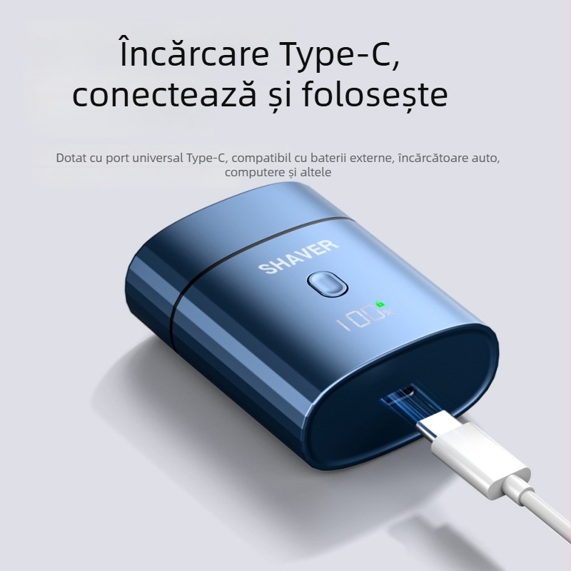 Aparat de ras electric cu cap plutitor, cap rotativ cu două lame, cap de ras detașabil și lavabil, baterie încorporată reîncărcabilă 300–500 mAh, autonomie 45–60 minute
