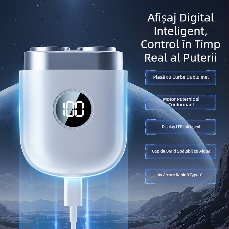 Mașină de ras electrică compactă pentru călătorii, încărcabilă, cu capete rotative duble, capete detașabile și lavabile, afișaj LED