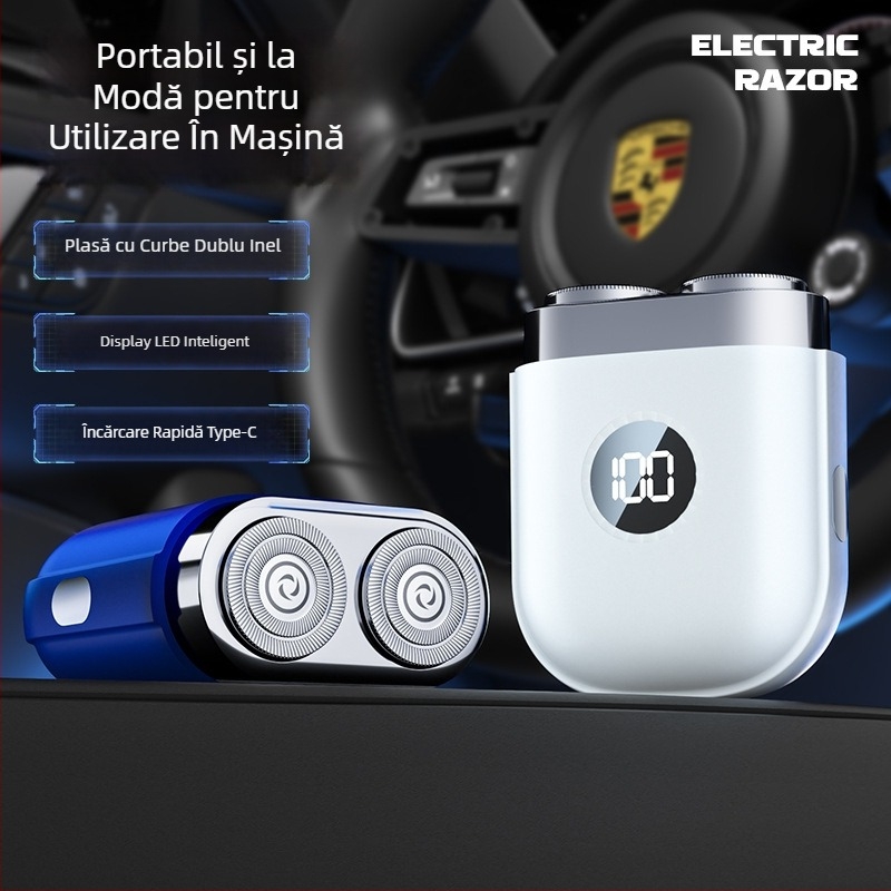 Mașină de ras electrică compactă pentru călătorii, încărcabilă, cu capete rotative duble, capete detașabile și lavabile, afișaj LED