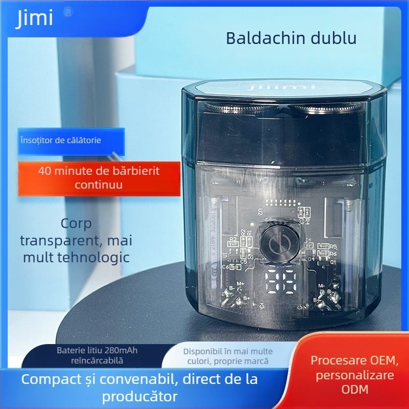 Jiiimi aparat de ras electric cu cap rotativ cu două lame; baterie încorporată; autonomie până la 60 de minute; încărcare în 1 oră