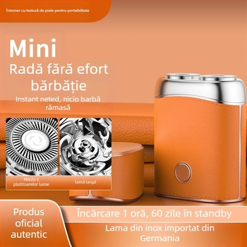 Mini aparat de ras electric cu motor brushless, cap rotativ cu 2 lame, încărcare USB, ras umed și uscat, autonomie baterie 1 oră.