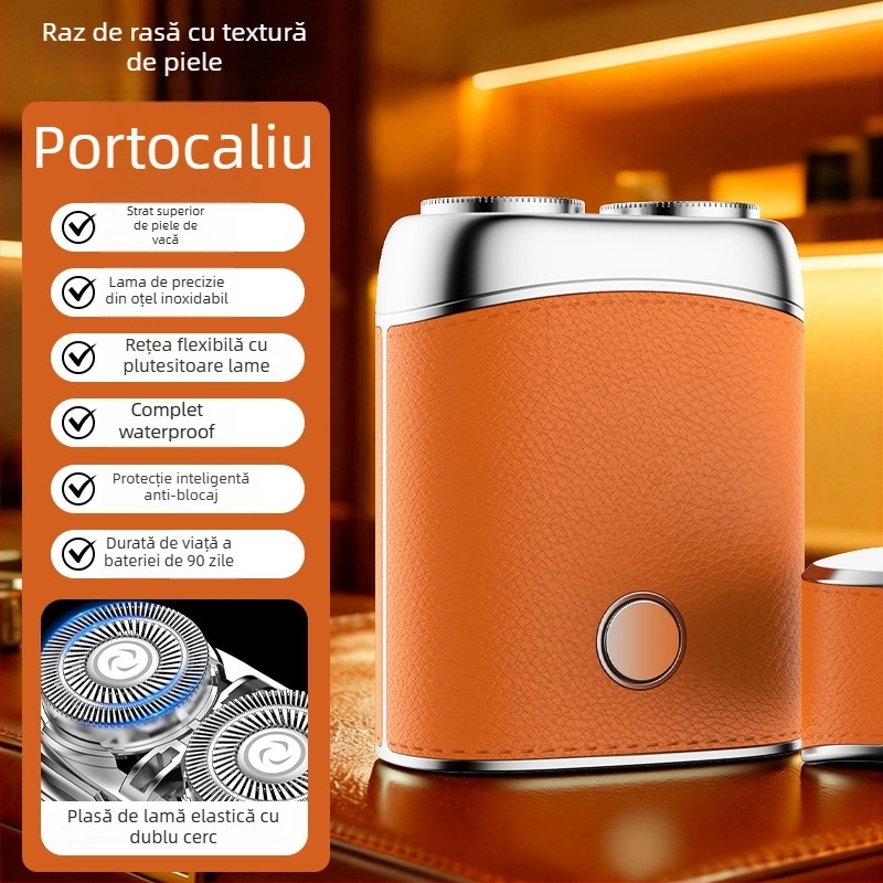 Mini aparat de ras electric cu motor brushless, cap rotativ cu 2 lame, încărcare USB, ras umed și uscat, autonomie baterie 1 oră.