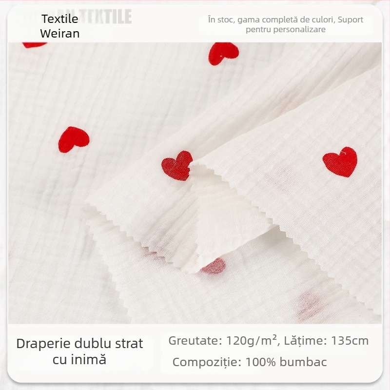 100% bumbac, imprimeu cu inimioare, țesătură din bumbac dublu strat crepe, imprimare digitală