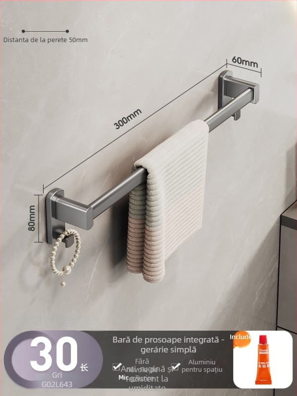 Cobbecabei Suport de prosoape din Space Aluminum – Montare pe perete, cu tijă simplă și dublă, fără găuri, suprafață oxidată