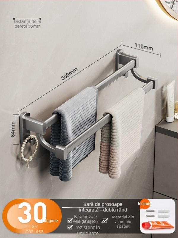 Cobbecabei Suport de prosoape din Space Aluminum – Montare pe perete, cu tijă simplă și dublă, fără găuri, suprafață oxidată