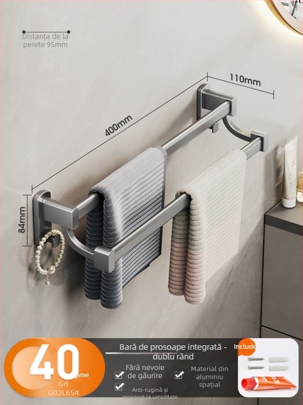 Cobbecabei Suport de prosoape din Space Aluminum – Montare pe perete, cu tijă simplă și dublă, fără găuri, suprafață oxidată