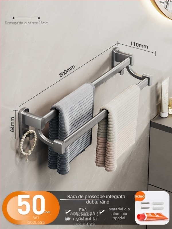 Cobbecabei Suport de prosoape din Space Aluminum – Montare pe perete, cu tijă simplă și dublă, fără găuri, suprafață oxidată