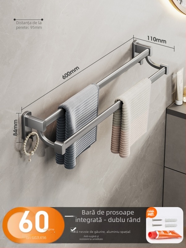 Cobbecabei Suport de prosoape din Space Aluminum – Montare pe perete, cu tijă simplă și dublă, fără găuri, suprafață oxidată
