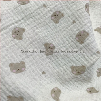 Țesătură din bumbac dublu muslin cu imprimare urs pentru pijamale și haine de casă; 100% bumbac; vopsire cilindrică; imprimeu cu motive vegetale