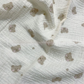 Țesătură din bumbac dublu muslin cu imprimare urs pentru pijamale și haine de casă; 100% bumbac; vopsire cilindrică; imprimeu cu motive vegetale