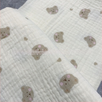 Țesătură din bumbac dublu muslin cu imprimare urs pentru pijamale și haine de casă; 100% bumbac; vopsire cilindrică; imprimeu cu motive vegetale