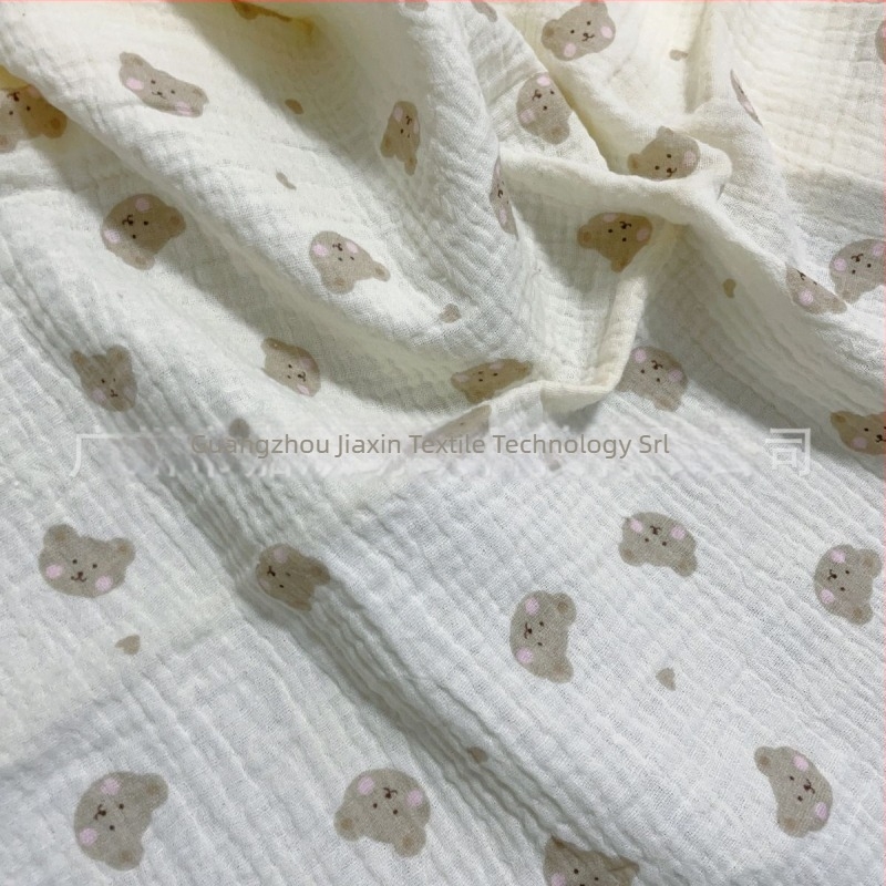 Țesătură din bumbac dublu muslin cu imprimare urs pentru pijamale și haine de casă; 100% bumbac; vopsire cilindrică; imprimeu cu motive vegetale