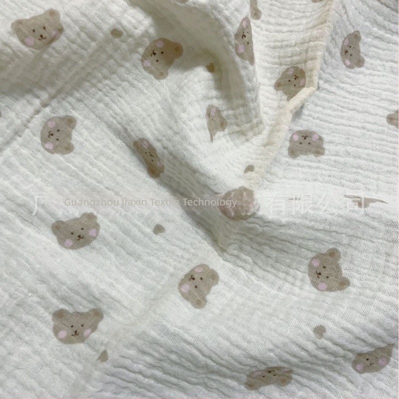 Țesătură din bumbac dublu muslin cu imprimare urs pentru pijamale și haine de casă; 100% bumbac; vopsire cilindrică; imprimeu cu motive vegetale