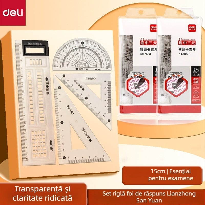 Deli 71961 Set de patru piese pentru examenul studențesc: riglă, set-square, raportor, fișă de răspuns, plastic