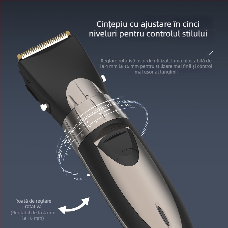 Mașină de tuns păr electrică, motor cu perii, impermeabilă, lame din oțel inoxidabil, baterie încorporată 500–800 mAh, autonomie 1–3 h