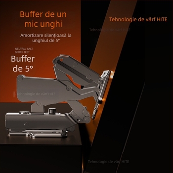 Balama de dulap cu amortizare hidraulică, unghi larg 165°/180°, acțiune în două etape, funcționare silențioasă, oțel laminat la rece cu bază placată cu cupru