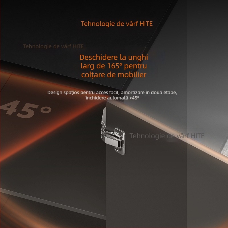 Balama de dulap cu amortizare hidraulică, unghi larg 165°/180°, acțiune în două etape, funcționare silențioasă, oțel laminat la rece cu bază placată cu cupru