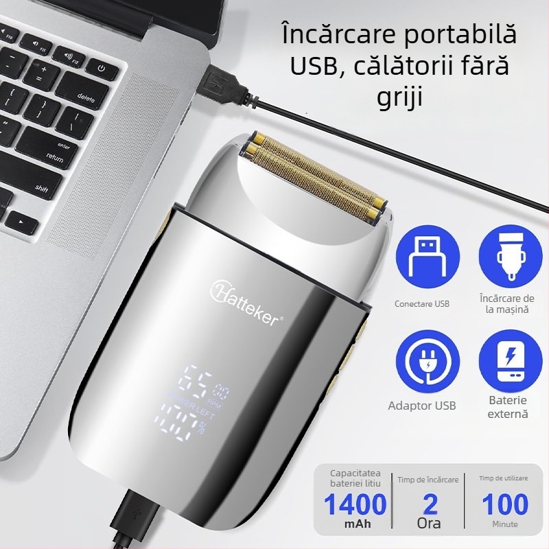 Mașină de ras electrică cu cap dublu reciproc, afișaj LED, funcție de spălare a întregului corp, baterie încorporată 1200–2000 mAh, autonomie 60+ minute