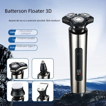 Aparat de ras electric – cap rotativ cu 3 lame, ras umed și uscat, complet lavabil, baterie încorporată 1000–1200 mAh, autonomie până la 90 minute, încărcare de 2 ore, afișaj LED