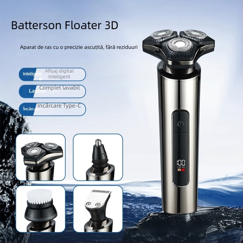 Aparat de ras electric – cap rotativ cu 3 lame, ras umed și uscat, complet lavabil, baterie încorporată 1000–1200 mAh, autonomie până la 90 minute, încărcare de 2 ore, afișaj LED