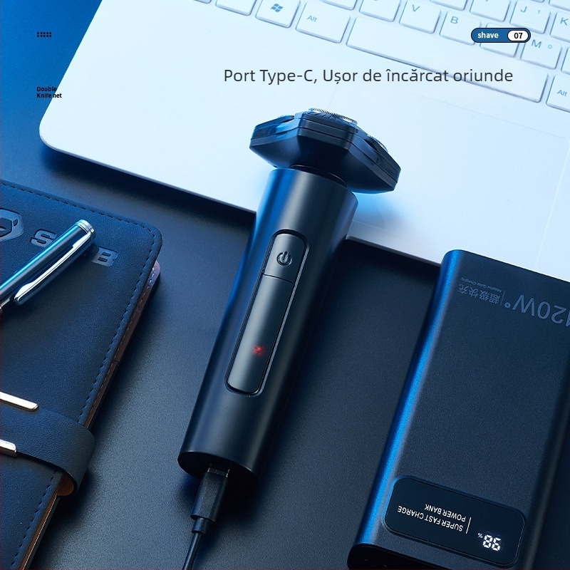 Aparat de ras electric – cap rotativ cu 3 lame, ras umed și uscat, complet lavabil, baterie încorporată 1000–1200 mAh, autonomie până la 90 minute, încărcare de 2 ore, afișaj LED