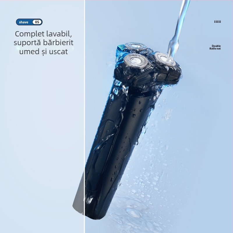 Aparat de ras electric – cap rotativ cu 3 lame, ras umed și uscat, complet lavabil, baterie încorporată 1000–1200 mAh, autonomie până la 90 minute, încărcare de 2 ore, afișaj LED