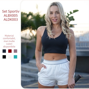 Set de yoga feminin fără mâneci, top halter cu inserții pentru bust și șort din nylon (2025)