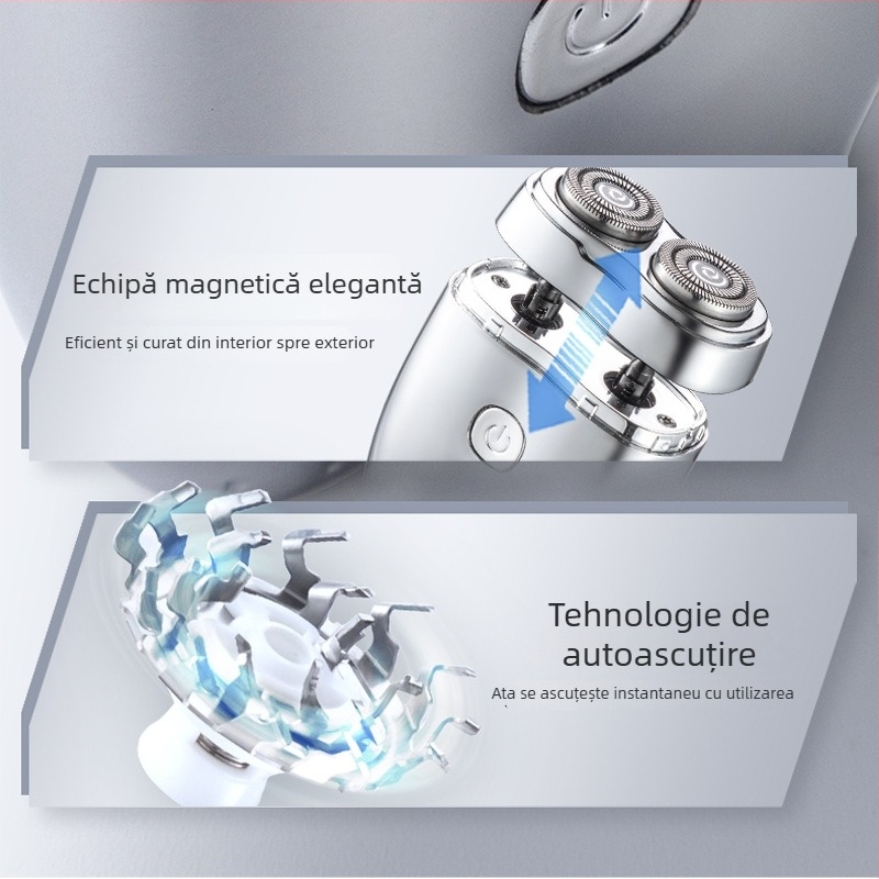 Aparat de ras electric cu cap rotativ cu două lame, cap pluto, curățare integrală a corpului, baterie încorporată 500–800 mAh, autonomie până la 80 de minute