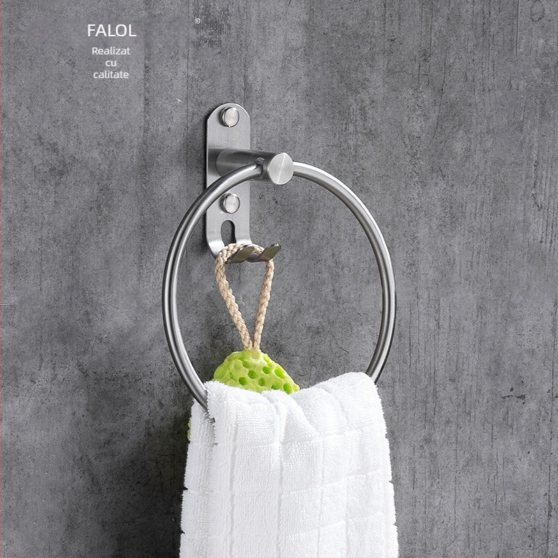 Suport de prosoape cu cârlig și inel – oțel inoxidabil 304, finisaj natural desenat, montaj pe perete, sarcină 20 kg, strat unic, stil Nou Chinezesc