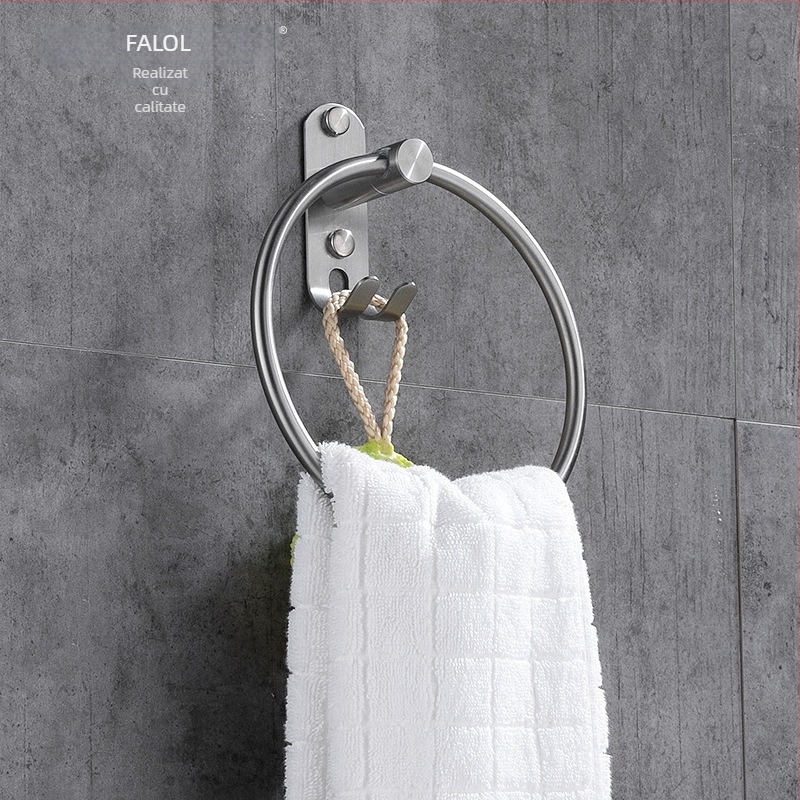 Suport de prosoape cu cârlig și inel – oțel inoxidabil 304, finisaj natural desenat, montaj pe perete, sarcină 20 kg, strat unic, stil Nou Chinezesc