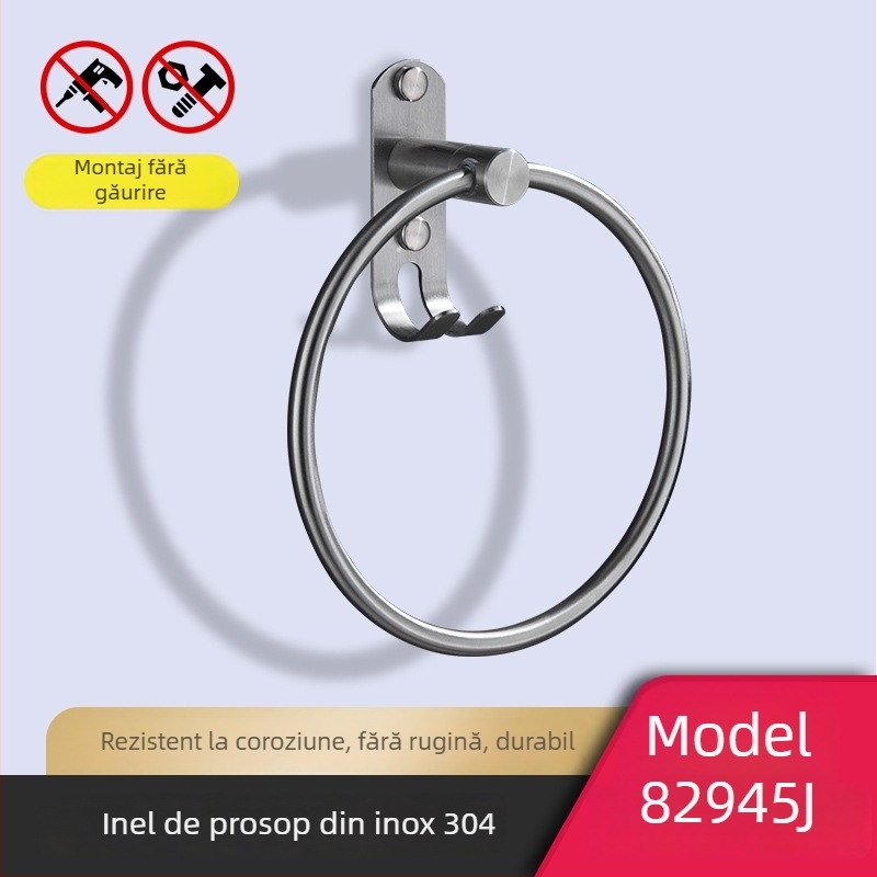 Suport de prosoape cu cârlig și inel – oțel inoxidabil 304, finisaj natural desenat, montaj pe perete, sarcină 20 kg, strat unic, stil Nou Chinezesc