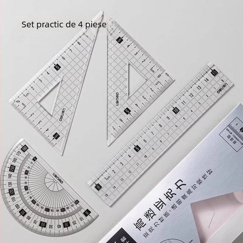 Set de patru rigle acrilice pentru elevi, rigle multifuncționale pentru desen, model 79514
