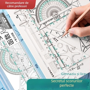 Set de rigle multifuncțional pentru școala primară: include riglă, triunghi și protractor; din plastic; ambalat în cutie; logo imprimat; personalizare disponibilă