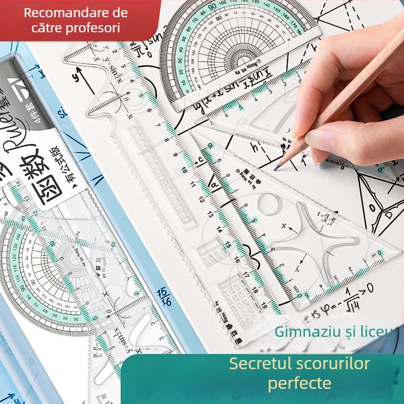 Set de rigle multifuncțional pentru școala primară: include riglă, triunghi și protractor; din plastic; ambalat în cutie; logo imprimat; personalizare disponibilă