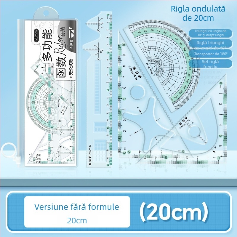 Set de rigle multifuncțional pentru școala primară: include riglă, triunghi și protractor; din plastic; ambalat în cutie; logo imprimat; personalizare disponibilă