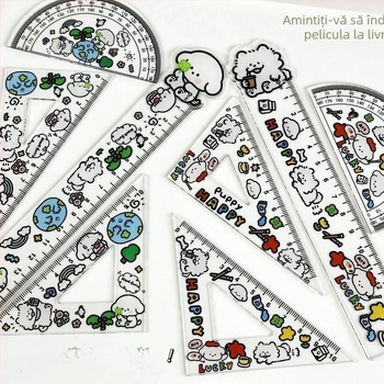 Set de rigle din plastic cu design graffiti cu pui — rigle centimetru pentru elevi, include riglă triunghiulară și riglă circulară