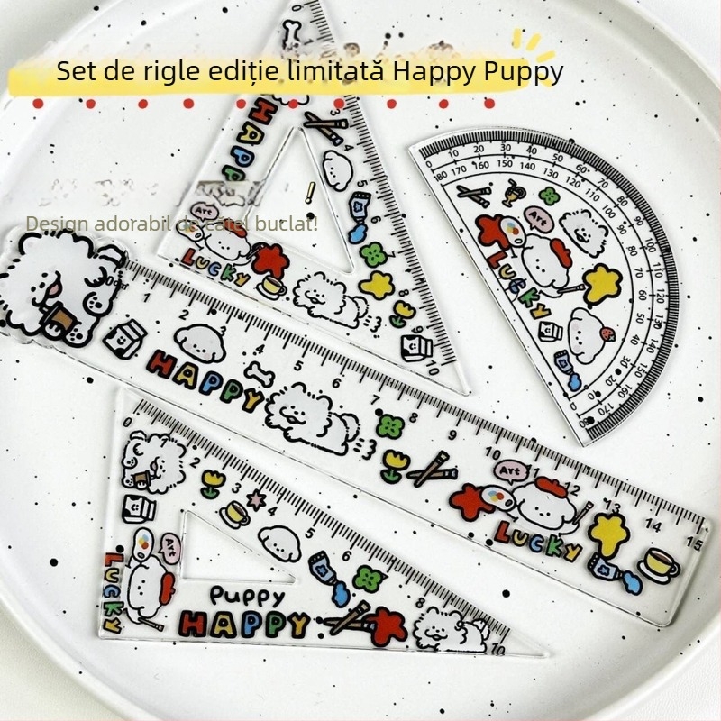Set de rigle din plastic cu design graffiti cu pui — rigle centimetru pentru elevi, include riglă triunghiulară și riglă circulară